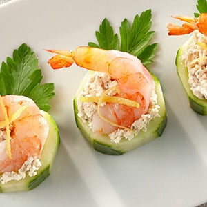 Shrimp with Boursin Pepper Cheese and Sliced Cucumber with Boursin Pepper Cheese