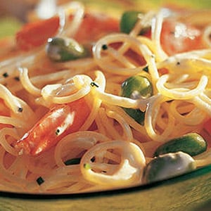 Spaghetti with Broad Beans and Shrimp with Boursin Garlic & Fine Herbs Cheese